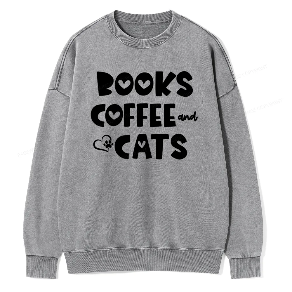 Pagewing Books Coffee and Cats Unisex Washed Sweatshirt