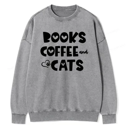 Pagewing Books Coffee and Cats Unisex Washed Sweatshirt