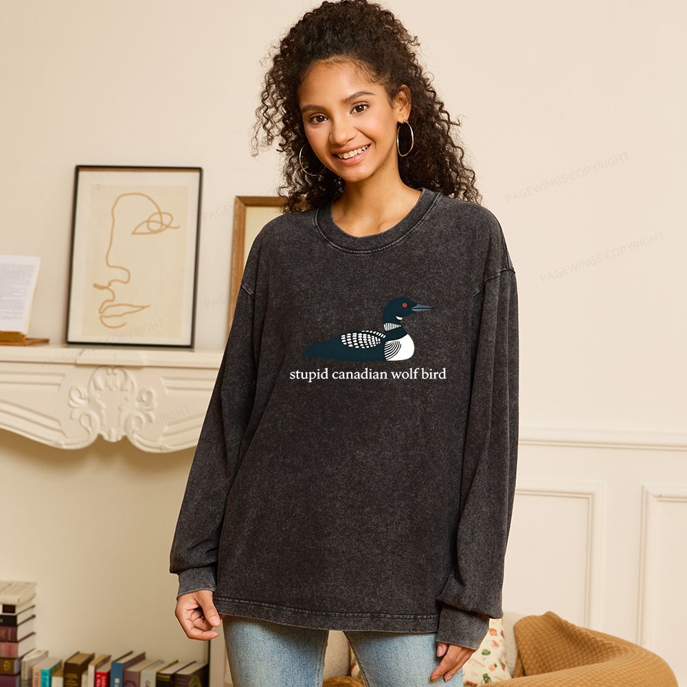 Pagewings Stupid Canadian Wolf Bird Unisex Washed Long Sleeve T-shirt