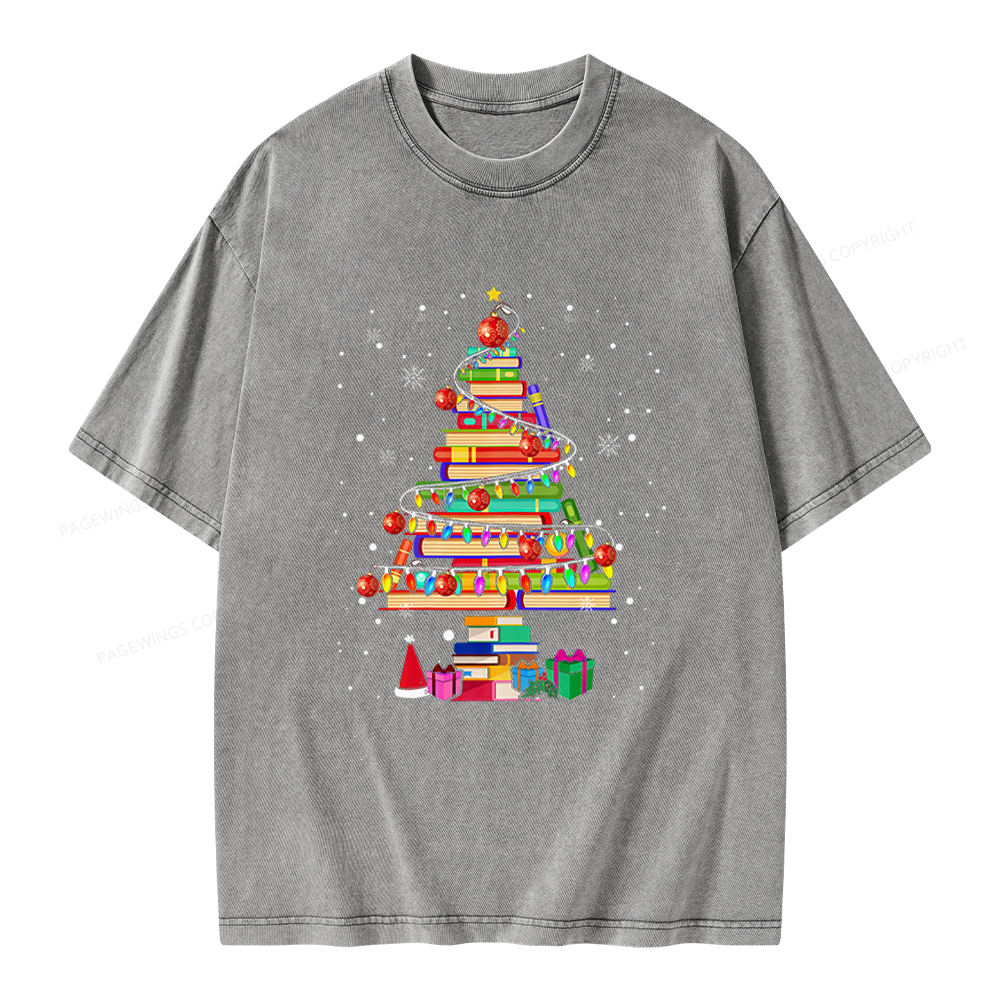Pagewings Merry Christmas Library Tree Unisex Washed T-shirt