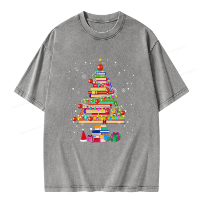 Pagewings Merry Christmas Library Tree Unisex Washed T-shirt