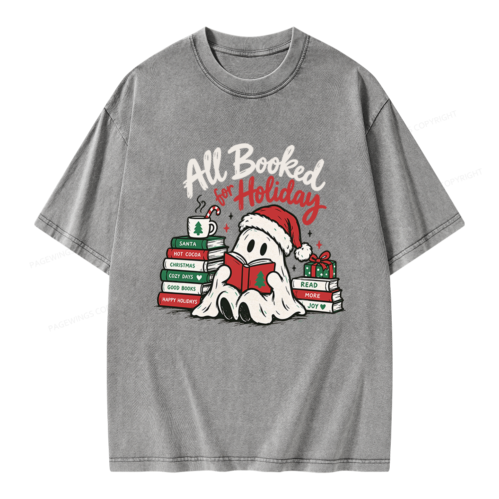 Pagewings Christmas Ghost Reading Books Unisex Washed T-shirt