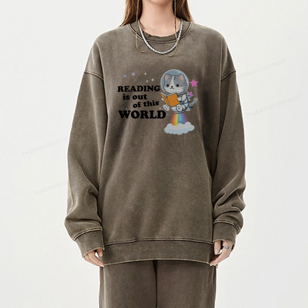 Pagewings Cat Reading in Space Unisex Washed Sweatshirt