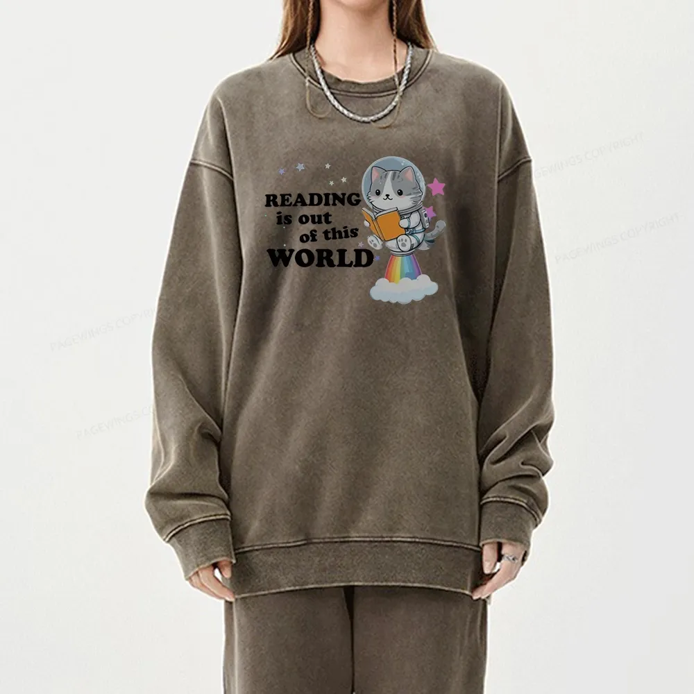 Pagewings Cat Reading in Space Unisex Washed Sweatshirt