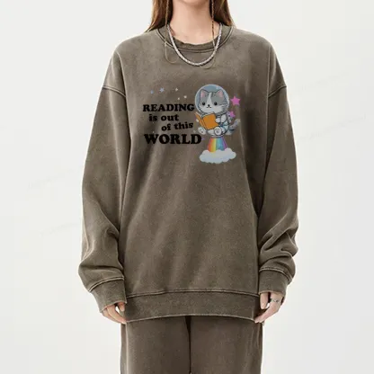 Pagewings Cat Reading in Space Unisex Washed Sweatshirt