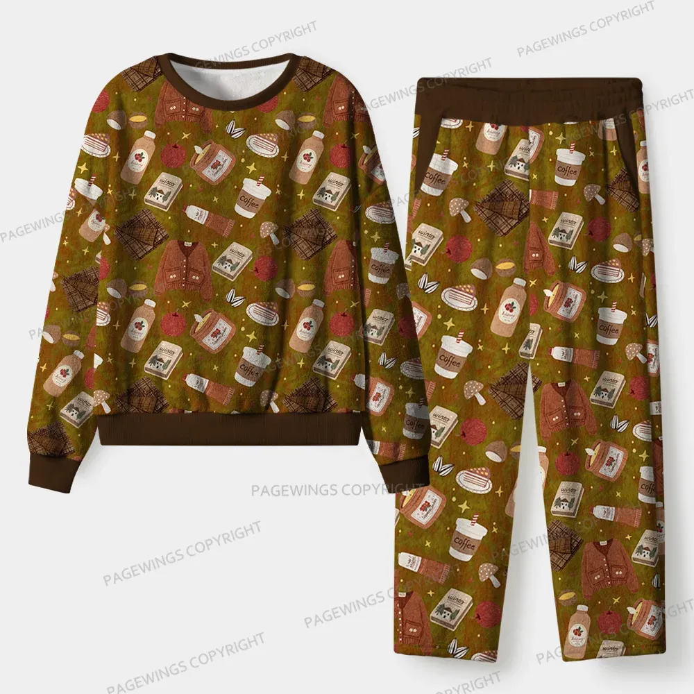 Pagewings Coffee Winter Unisex Flannel Pajama Set
