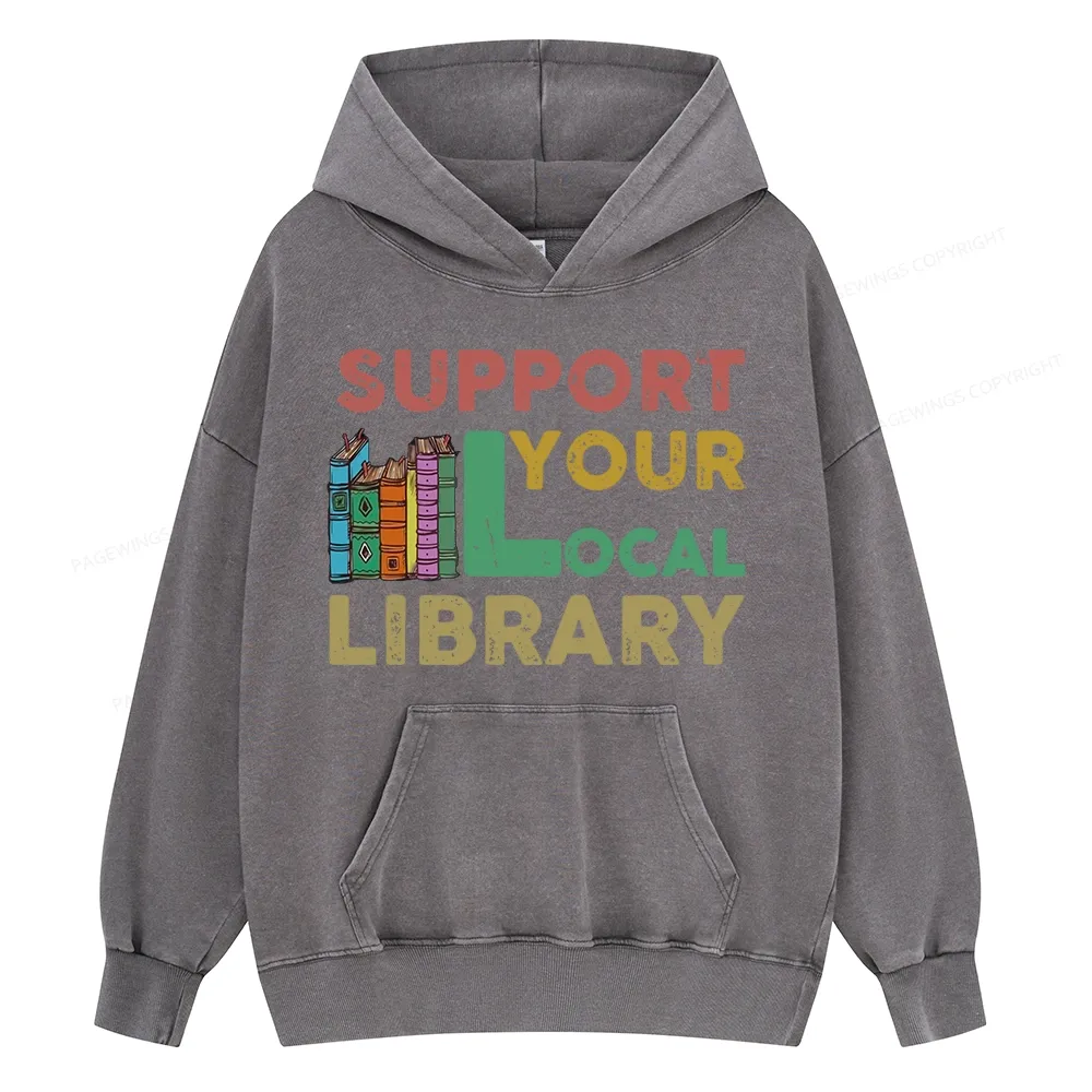 Pagewings Support Your Local Library Unisex Washed Hoodie