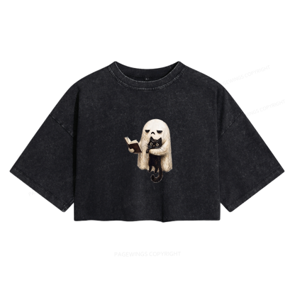 Pagewings Ghost Cat Women's Washed Cropped T-shirt