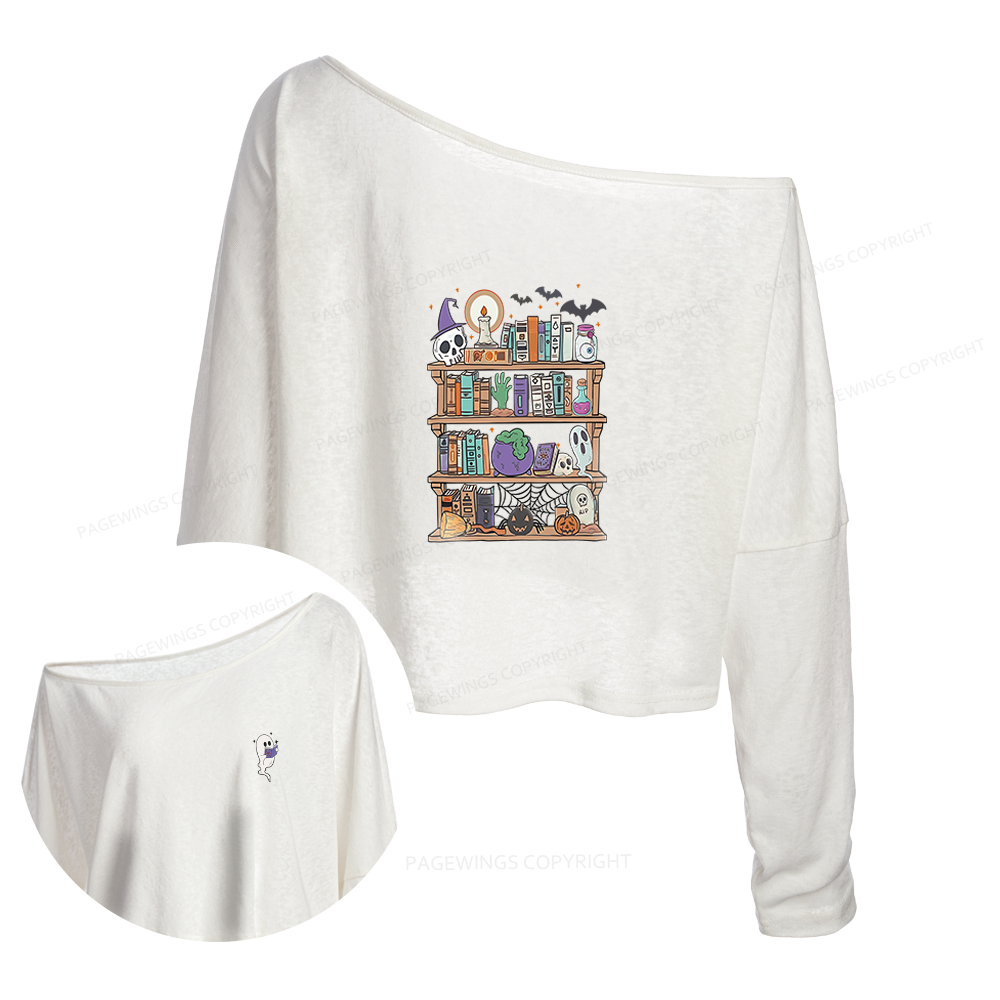 Pagewings Ghost Book Reader Halloween Slouchy Long Sleeve Off Shoulder T-shirt