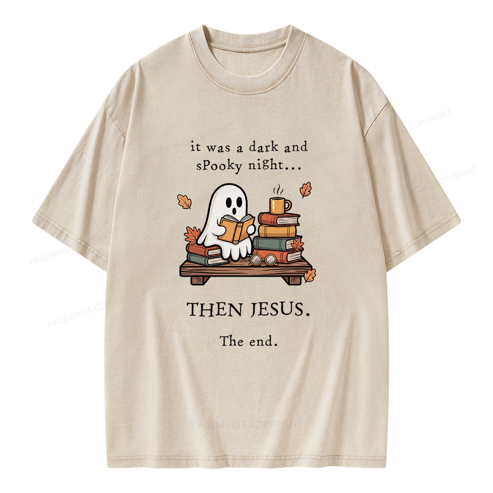 Pagewings Funny Fall Reading Ghost Unisex Washed T-shirt