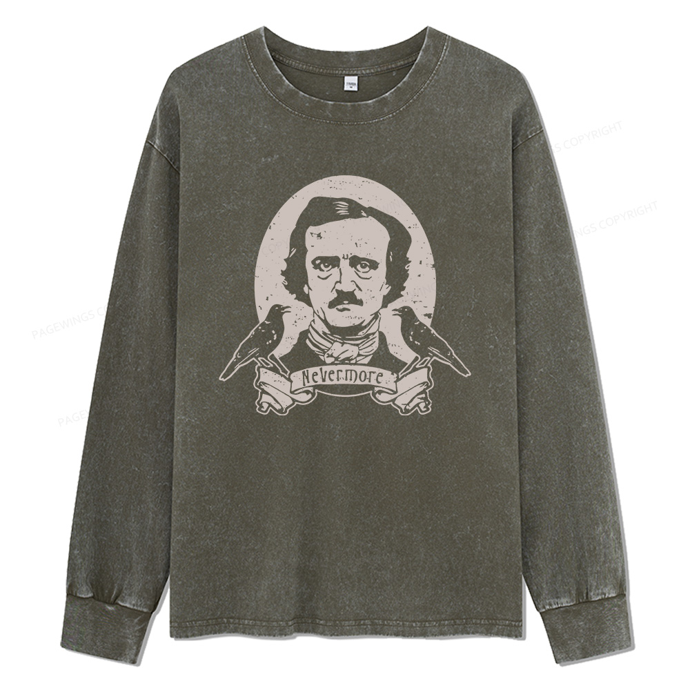 Pagewings Never More Edgar Allan Poe And The Raven Unisex Washed Long Sleeve T-shirt