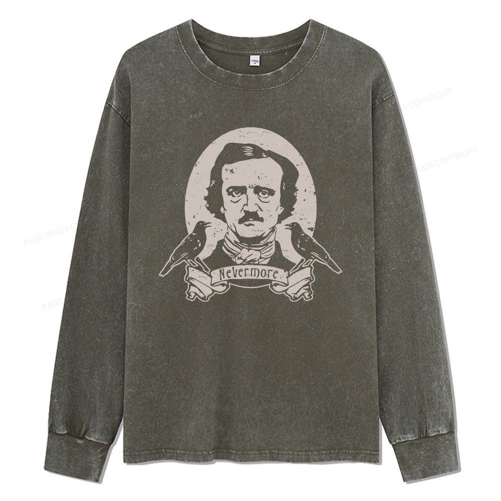 Pagewings Never More Edgar Allan Poe And The Raven Unisex Washed Long Sleeve T-shirt