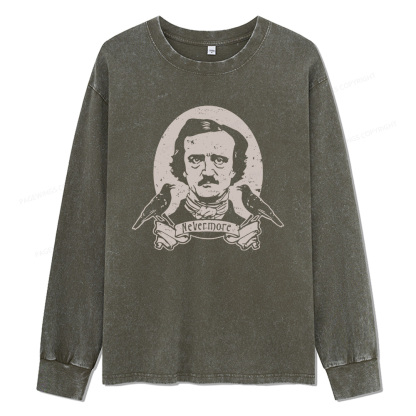 Pagewings Never More Edgar Allan Poe And The Raven Unisex Washed Long Sleeve T-shirt
