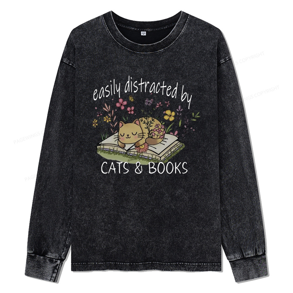 Pagewings Easily Distracted By Cats And Books Unisex Washed Long Sleeve T-shirt