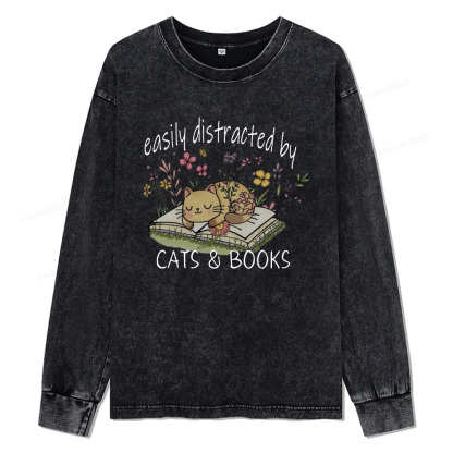 Pagewings Easily Distracted By Cats And Books Unisex Washed Long Sleeve T-shirt