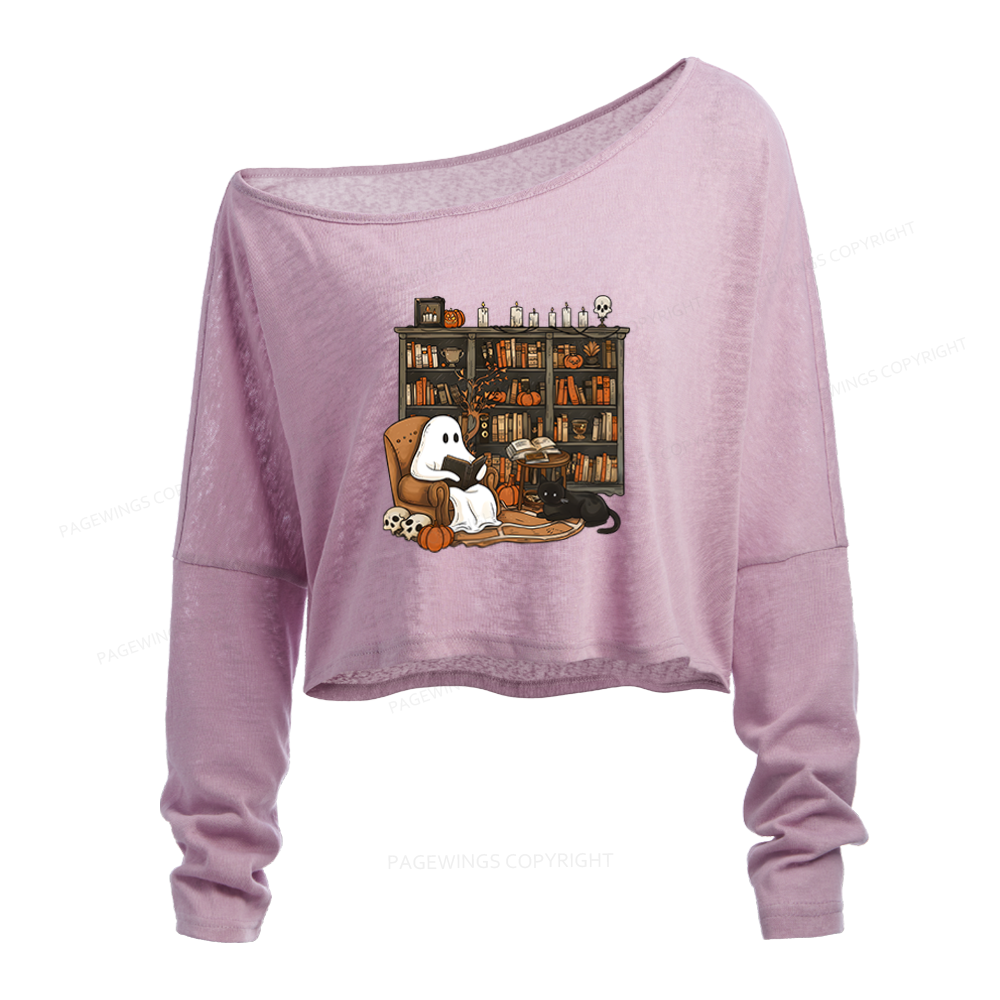 Pagewings Halloween Ghost Reading Books Slouchy Long Sleeve Off Shoulder T-shirt