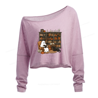 Pagewings Halloween Ghost Reading Books Slouchy Long Sleeve Off Shoulder T-shirt