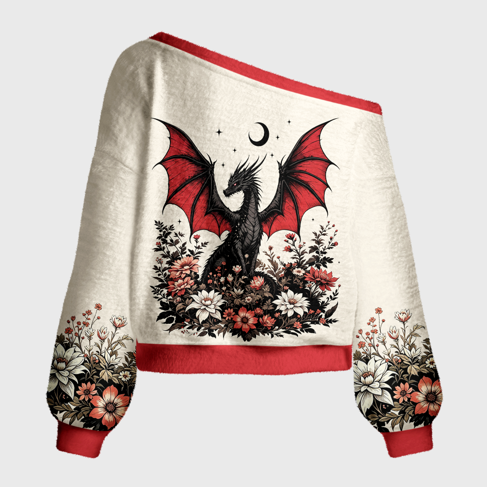 Pagewings Book Dragon Off Shoulder Ugly Knit Sweater