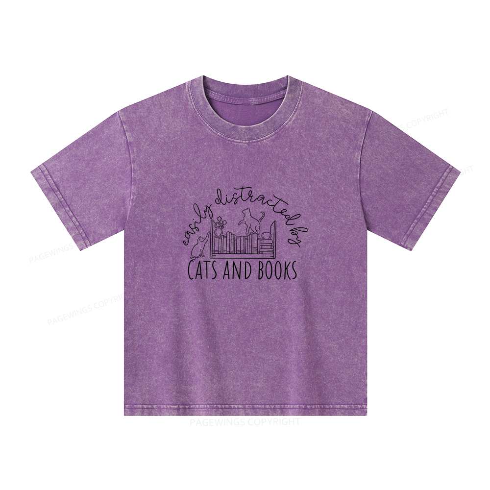 Pagewings Cute Cats And Books Unisex Kids Washed T-shirt