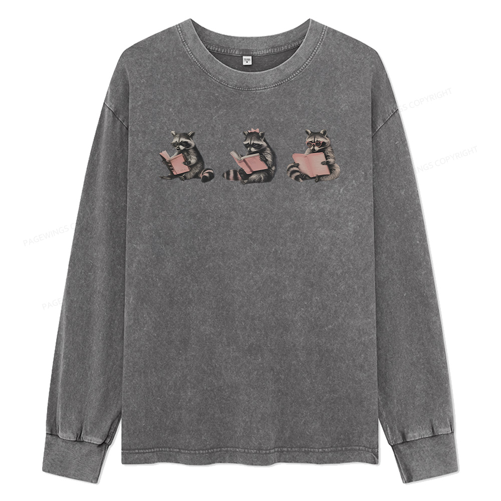 Pagewings Funny Raccoon Bookish Gift Unisex Washed Long Sleeve T-shirt