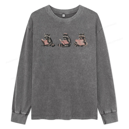 Pagewings Funny Raccoon Bookish Gift Unisex Washed Long Sleeve T-shirt