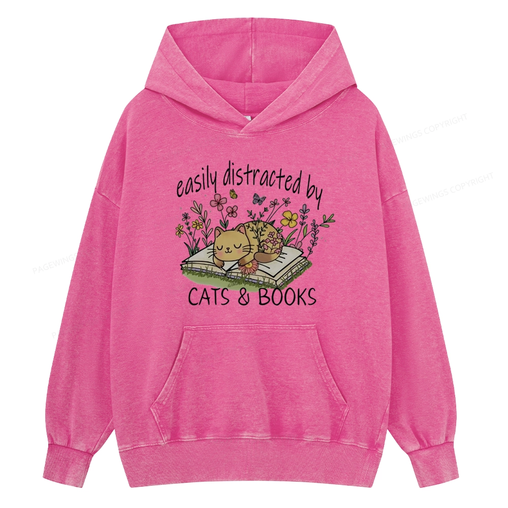Pagewings Easily Distracted By Cats And Books Unisex Washed Hoodie