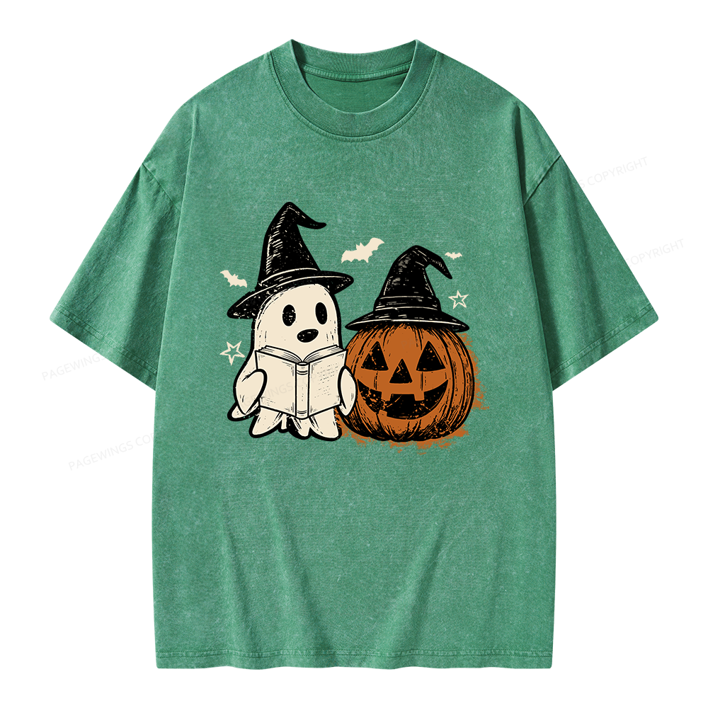 Pagewings Spooky Ghost Pumpkin Halloween Unisex Washed T-shirt