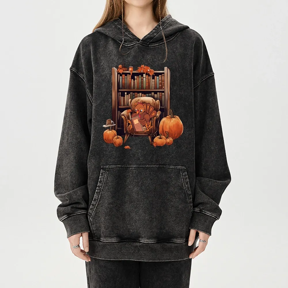 Pagewings Thanksgiving Turkey Reading Unisex Washed Hoodie