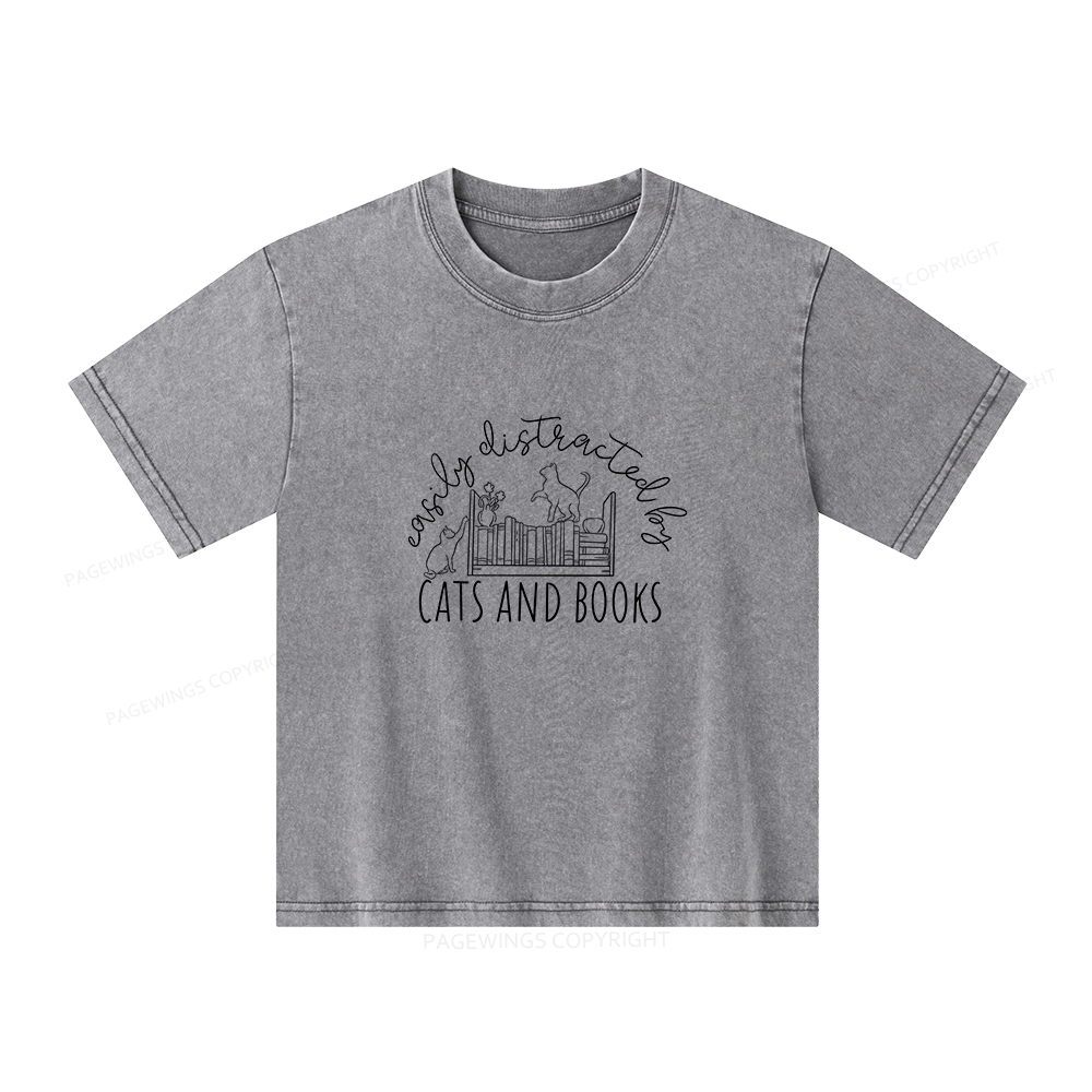Pagewings Cute Cats And Books Unisex Kids Washed T-shirt