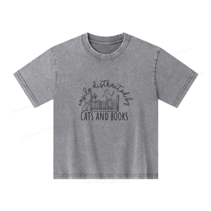 Pagewings Cute Cats And Books Unisex Kids Washed T-shirt
