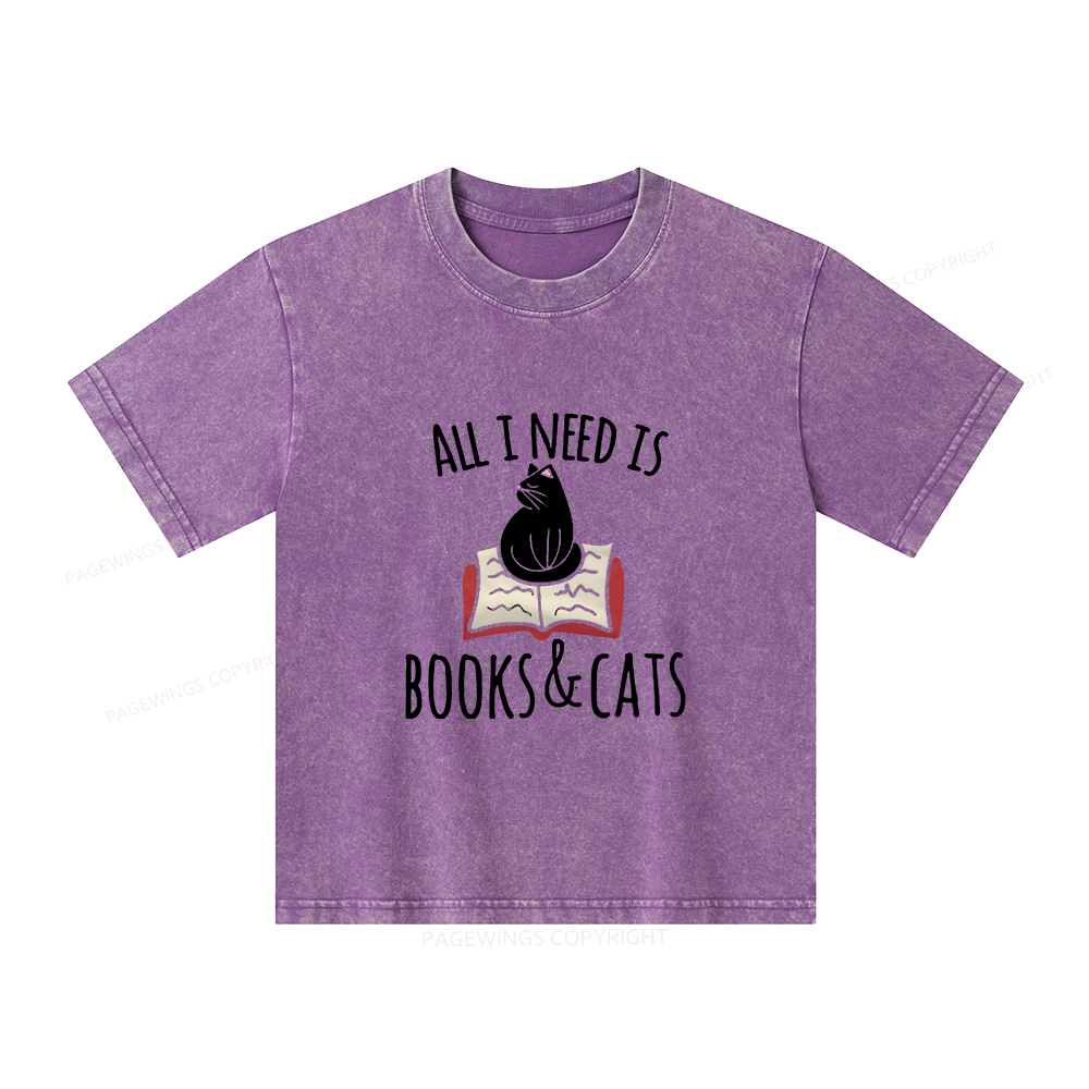 Pagewings All I Need Is Book & Cat Unisex Kids Washed T-shirt