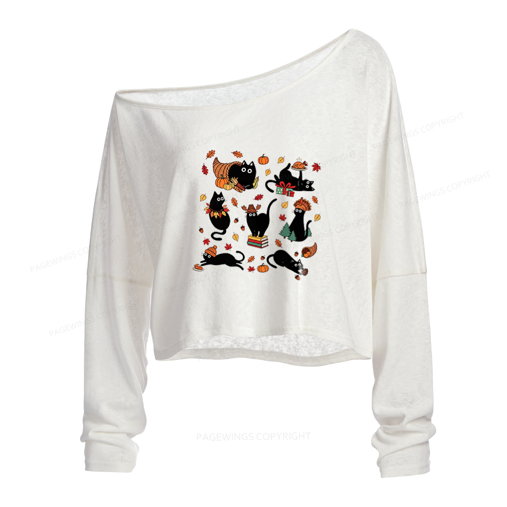 Pagewings Thanksgiving Cat Slouchy Long Sleeve Off Shoulder T-shirt