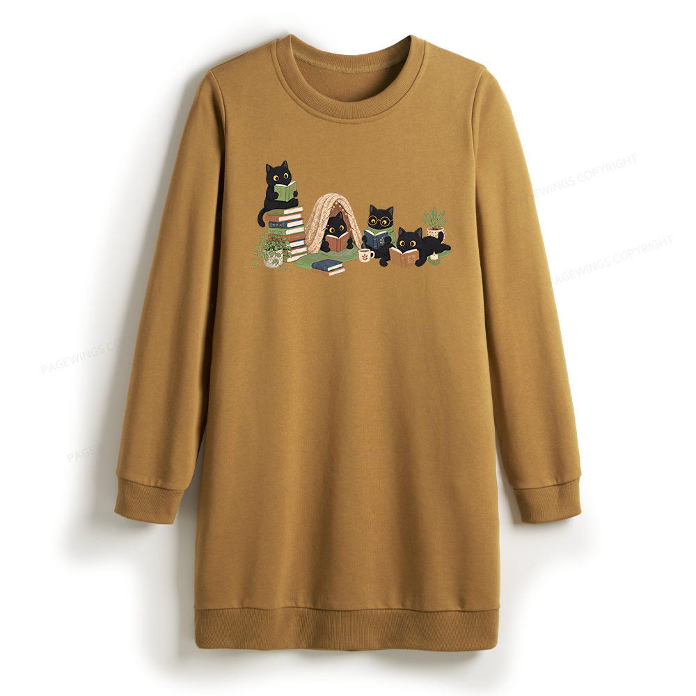 Pagewings Black Cat Reading Sweatshirt Dress