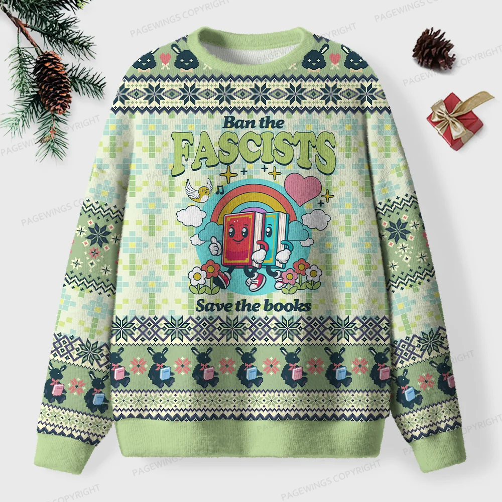 Pagewings Ban The Fascists Save The Books Unisex Ugly Knit Sweatshirt