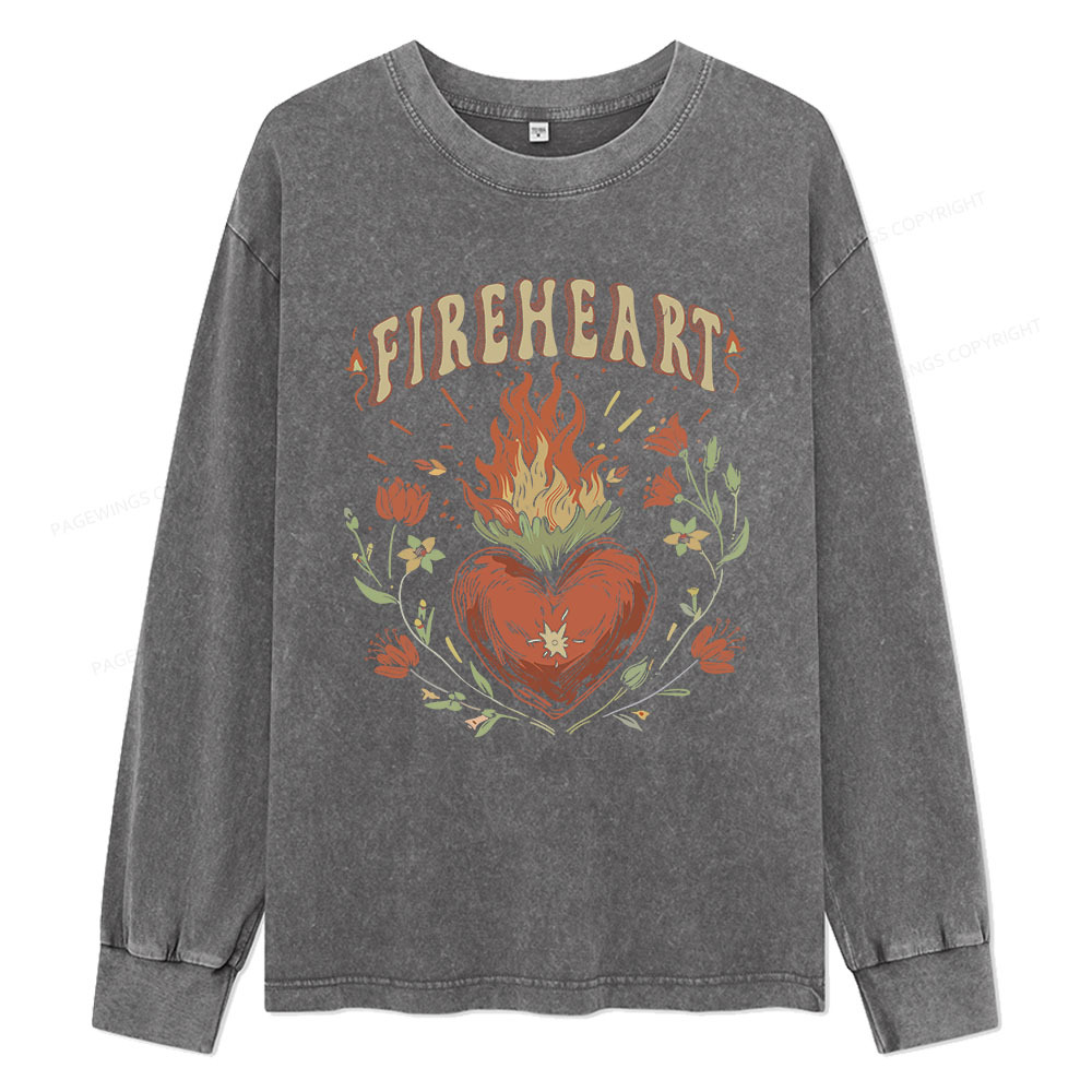 Pagewings Vintage Fire-heart Unisex Washed Long Sleeve T-shirt