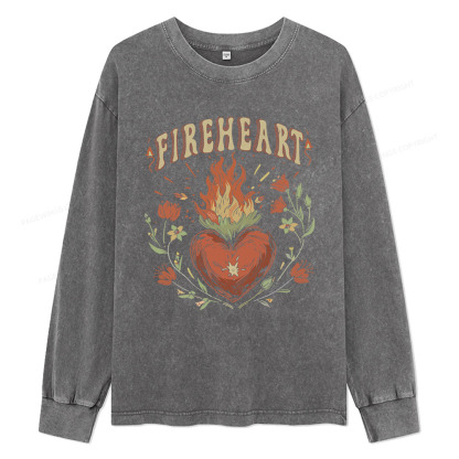 Pagewings Vintage Fire-heart Unisex Washed Long Sleeve T-shirt