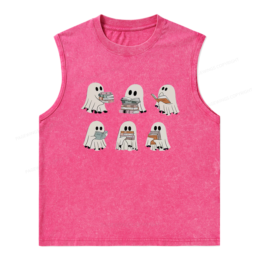 Pagewings Ghost Reading Halloween Unisex Washed Tank Top