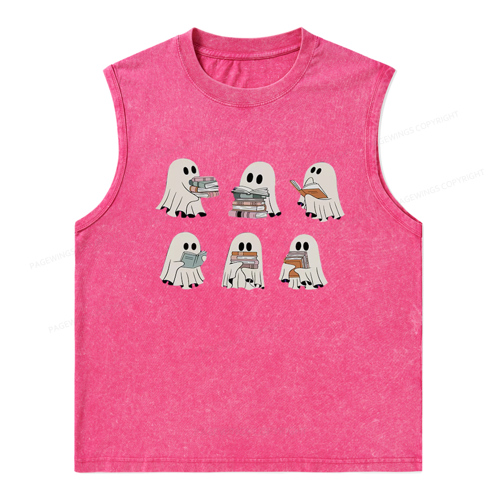 Pagewings Ghost Reading Halloween Unisex Washed Tank Top