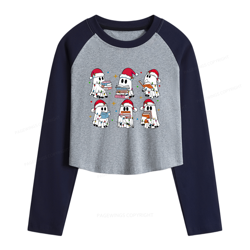 Pagewings Christmas Book Ghost Women Long Sleeve Crop Raglan T-shirt