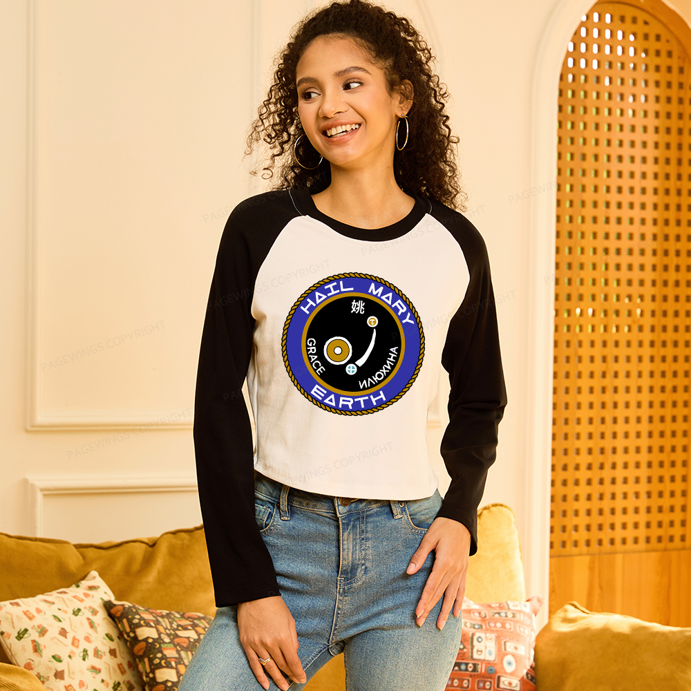 Pagewings Mission Patch Women Long Sleeve Crop Raglan T-shirt