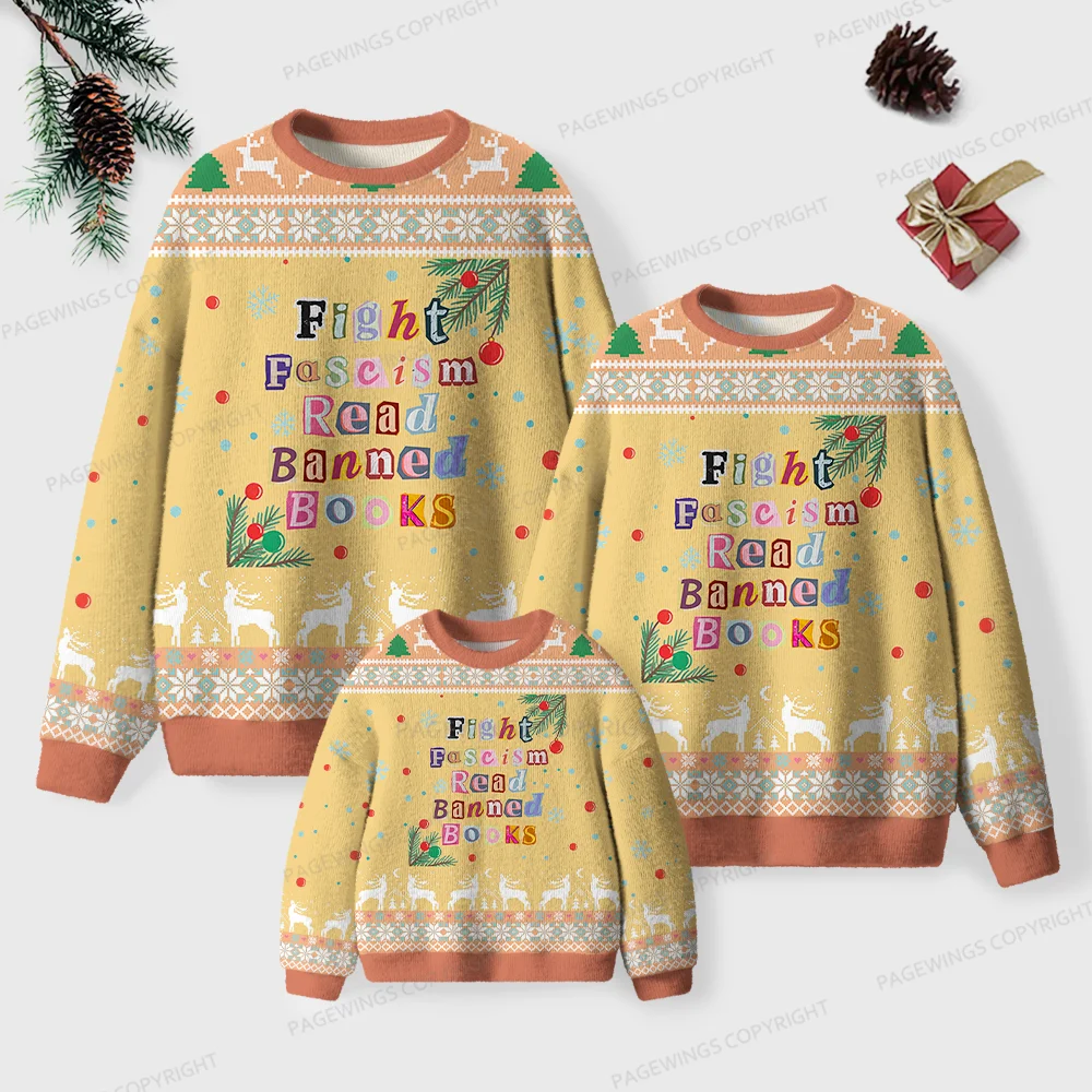 Pagewings Fight Fascism Read Banned Books Unisex Ugly Knit Sweatshirt