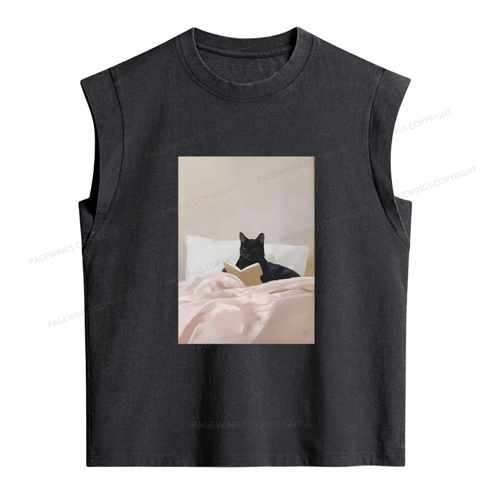 Pagewings Cat Reading in Bed Women's Washed Tank Top