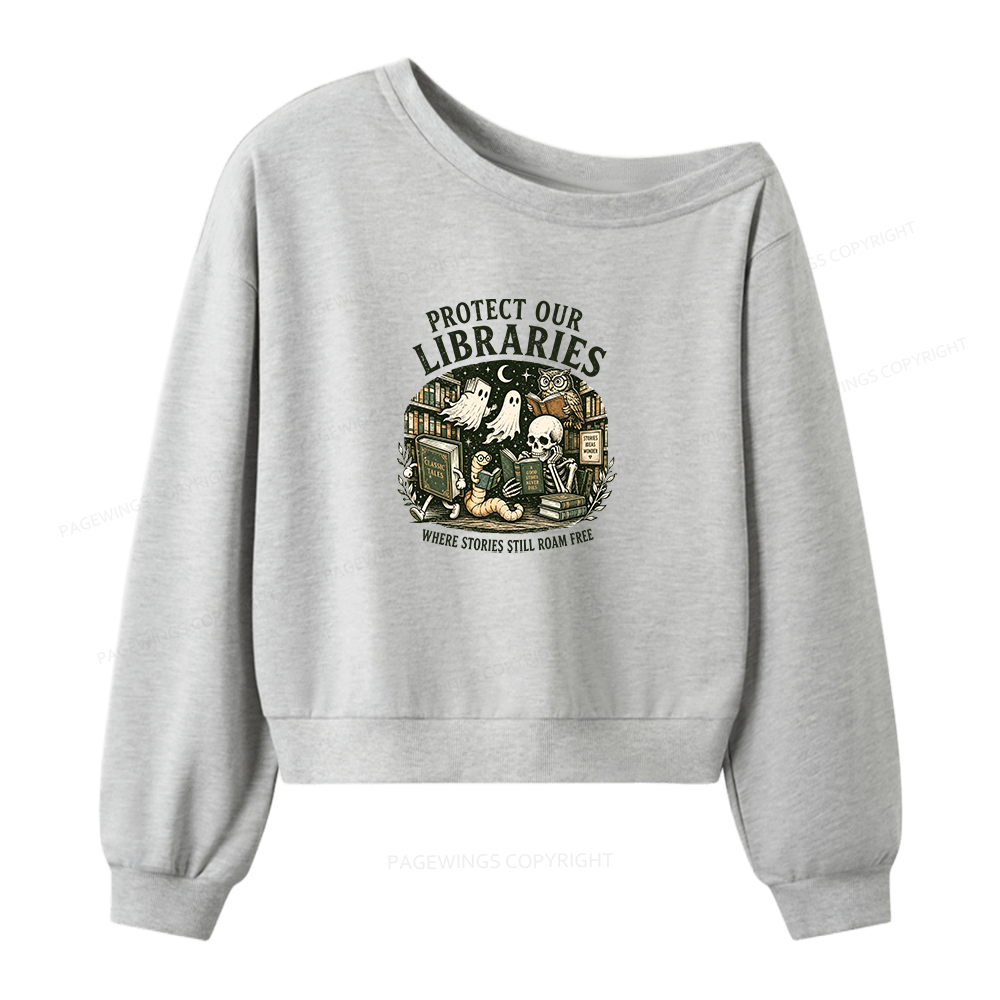 Pagewings Protect Our Libraries Women Off Shoulder Sweatshirt