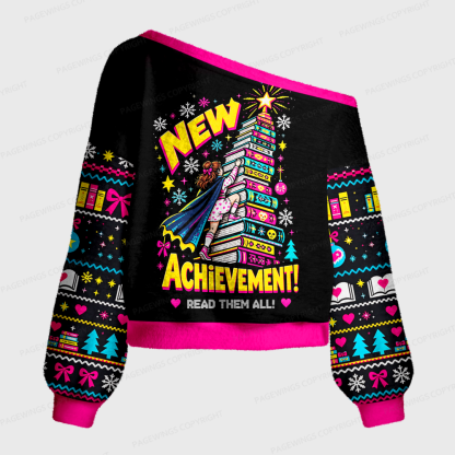 Pagewings New Achievement Read Them All Off Shoulder Ugly Knit Sweater