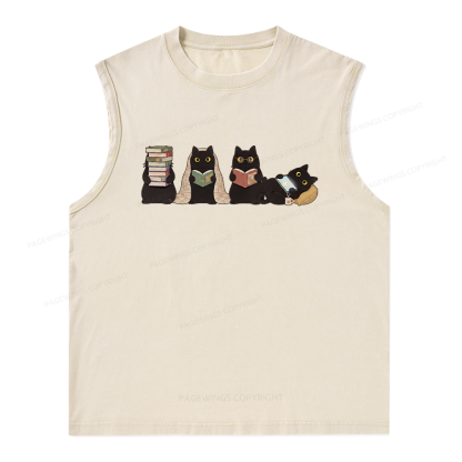 Pagewings Black Cats Reading Unisex Washed T-shirt Unisex Washed Tank Top