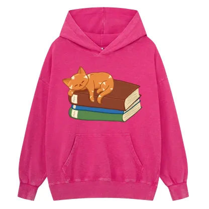 Pagewings Orange Book Cat Unisex Washed Hoodie