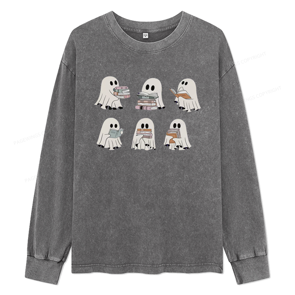 pagewings Ghost Reading Halloween Unisex Washed Long Sleeve T-shirt