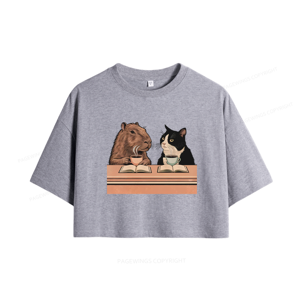 Pagewings Capybara and Tuxedo Cat Chilling with Coffee Women Crop Tops