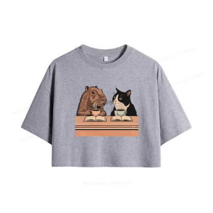 Pagewings Capybara and Tuxedo Cat Chilling with Coffee Women Crop Tops