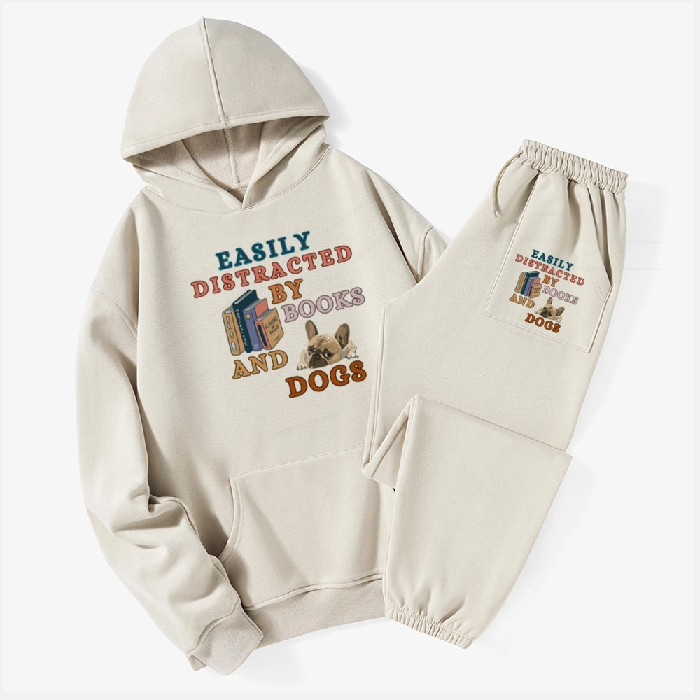 Pagewings Easily Distracted By Books And Dogs Unisex Fleece Hoodie Set